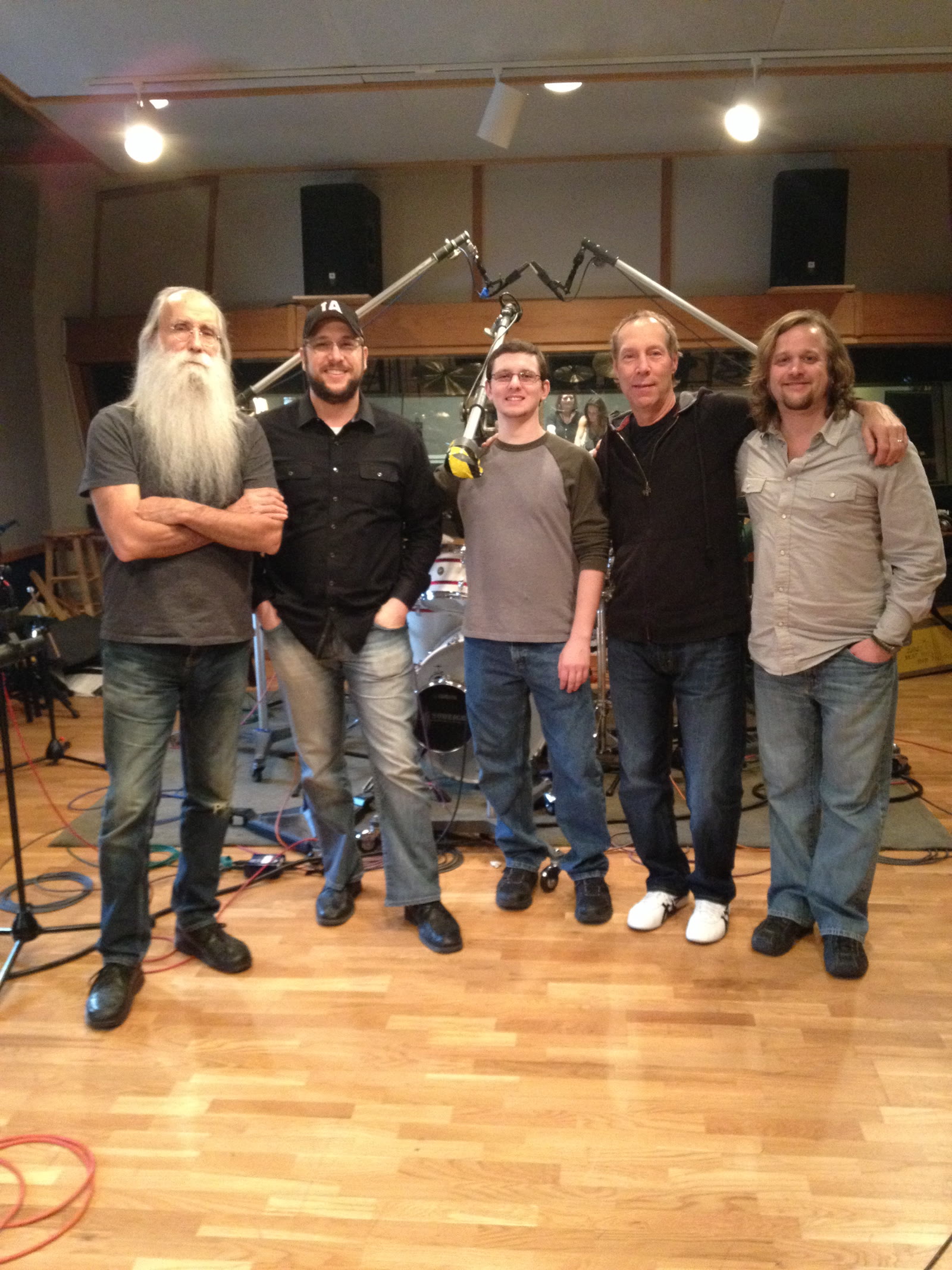 Dave Tough with musicians after a live-room recording session