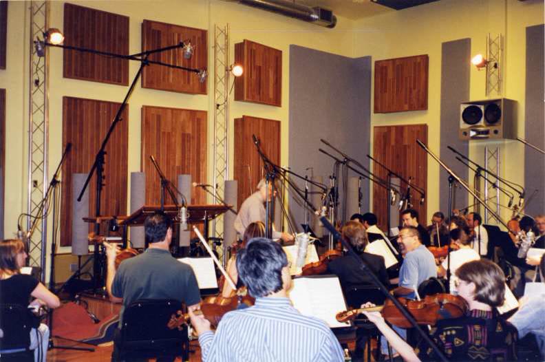 Microphones positioned for an orchestra recording session