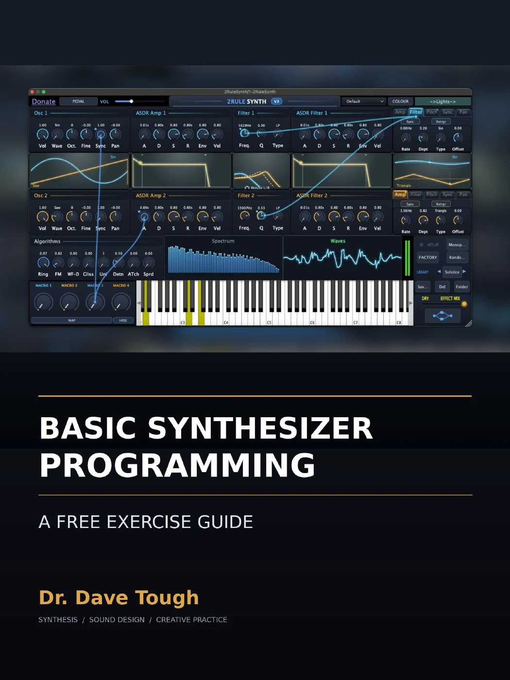 Basic Synthesizer Programming: A Free Exercise Guide by Dr. Dave Tough, featuring a synthesizer interface